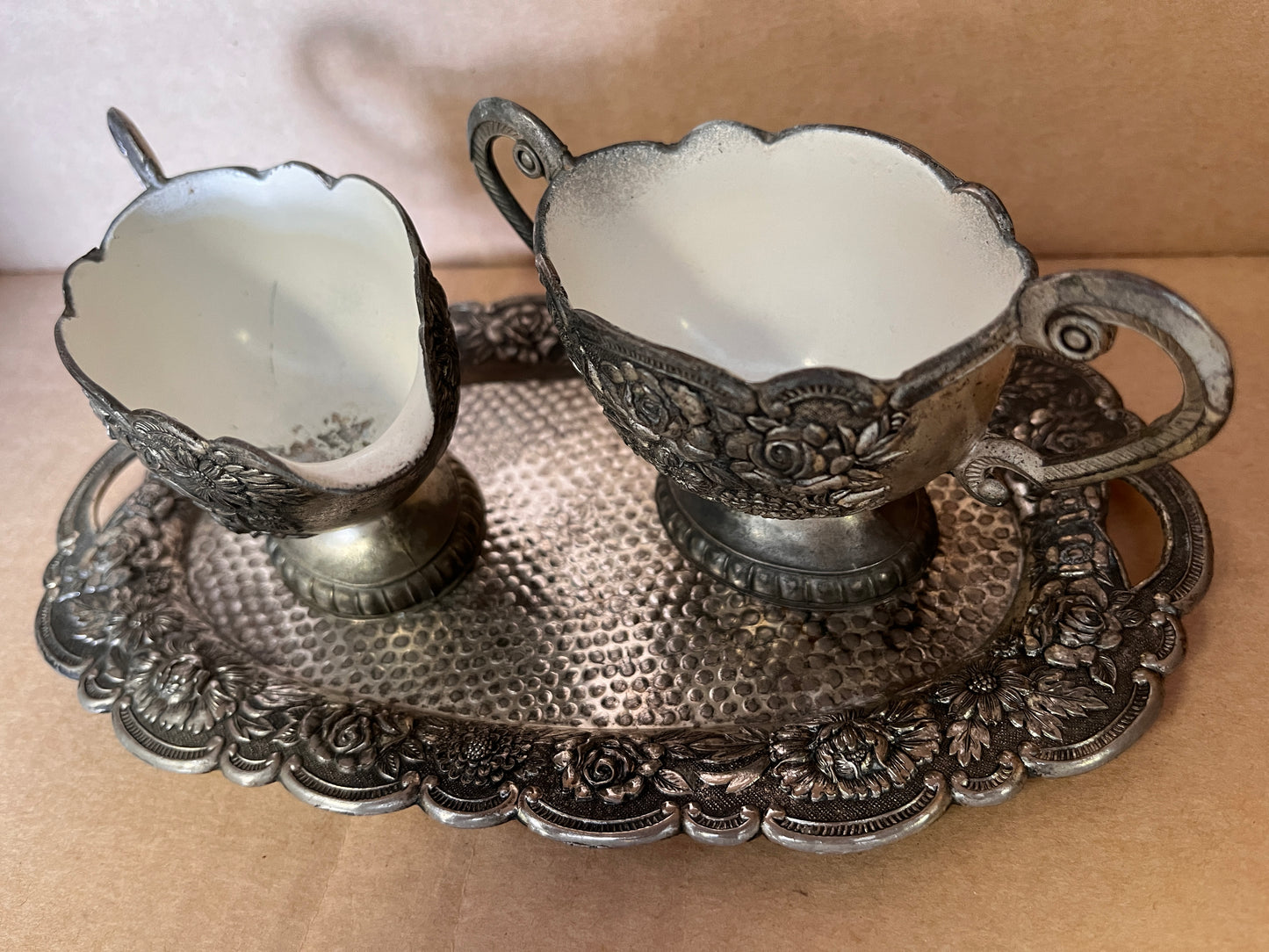 Vintage Price Import Silver Cast Metal And White Enamel Cream And Sugar Set With Tray