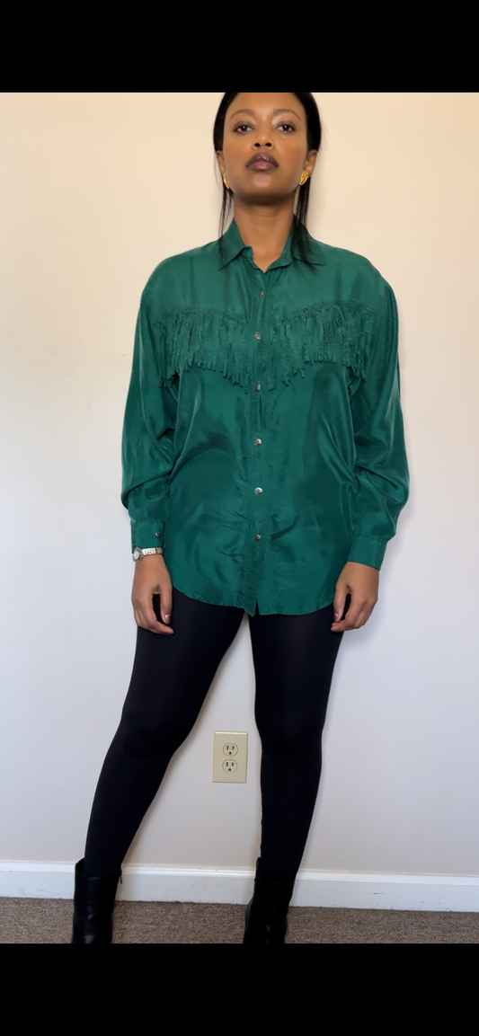 Vintage Nuggets 100 Silk Emerald Green Blouse Size Small