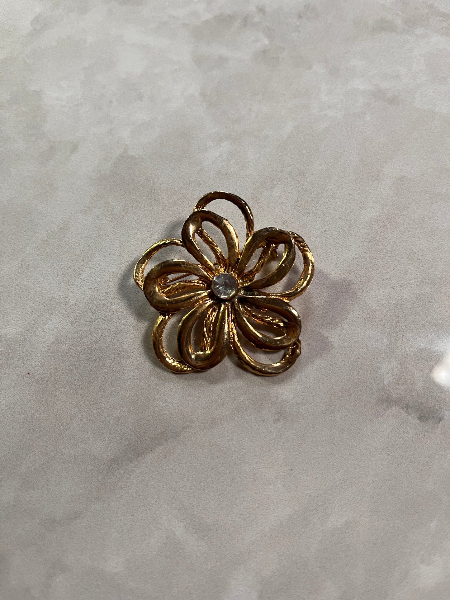 Vintage Medium Layered Floral Crystal Gold Brooch