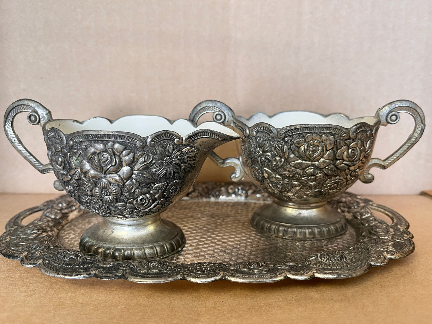 Vintage Price Import Silver Cast Metal And White Enamel Cream And Sugar Set With Tray