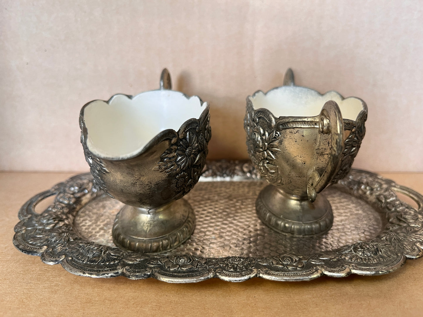 Vintage Price Import Silver Cast Metal And White Enamel Cream And Sugar Set With Tray