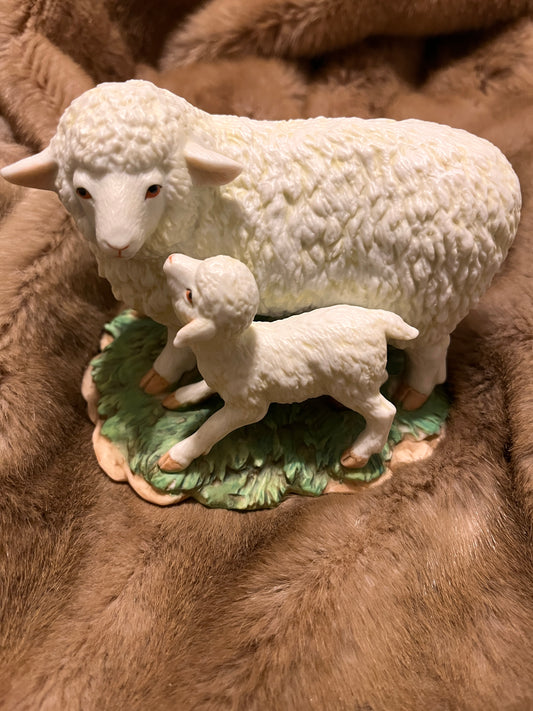 Vintage 1984 Homco Sheep and Lamb Porcelain Statue