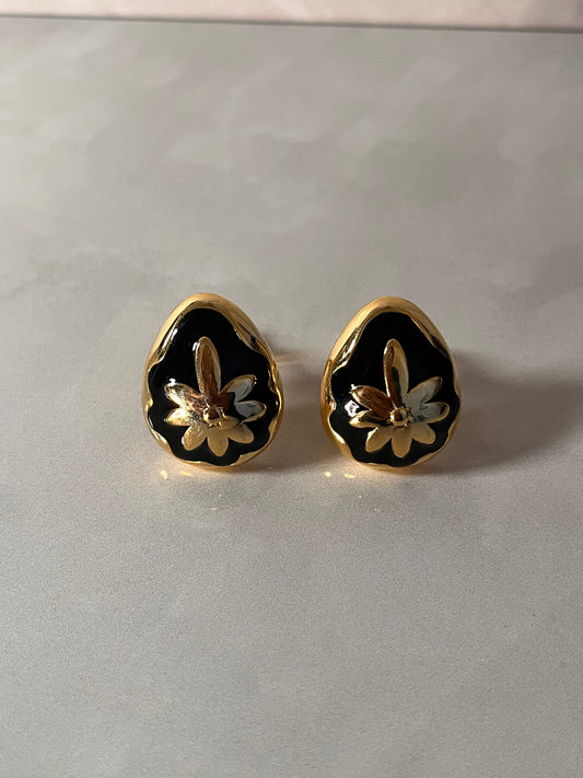 Vintage Gold and Black Enamel Clip-On Earrings