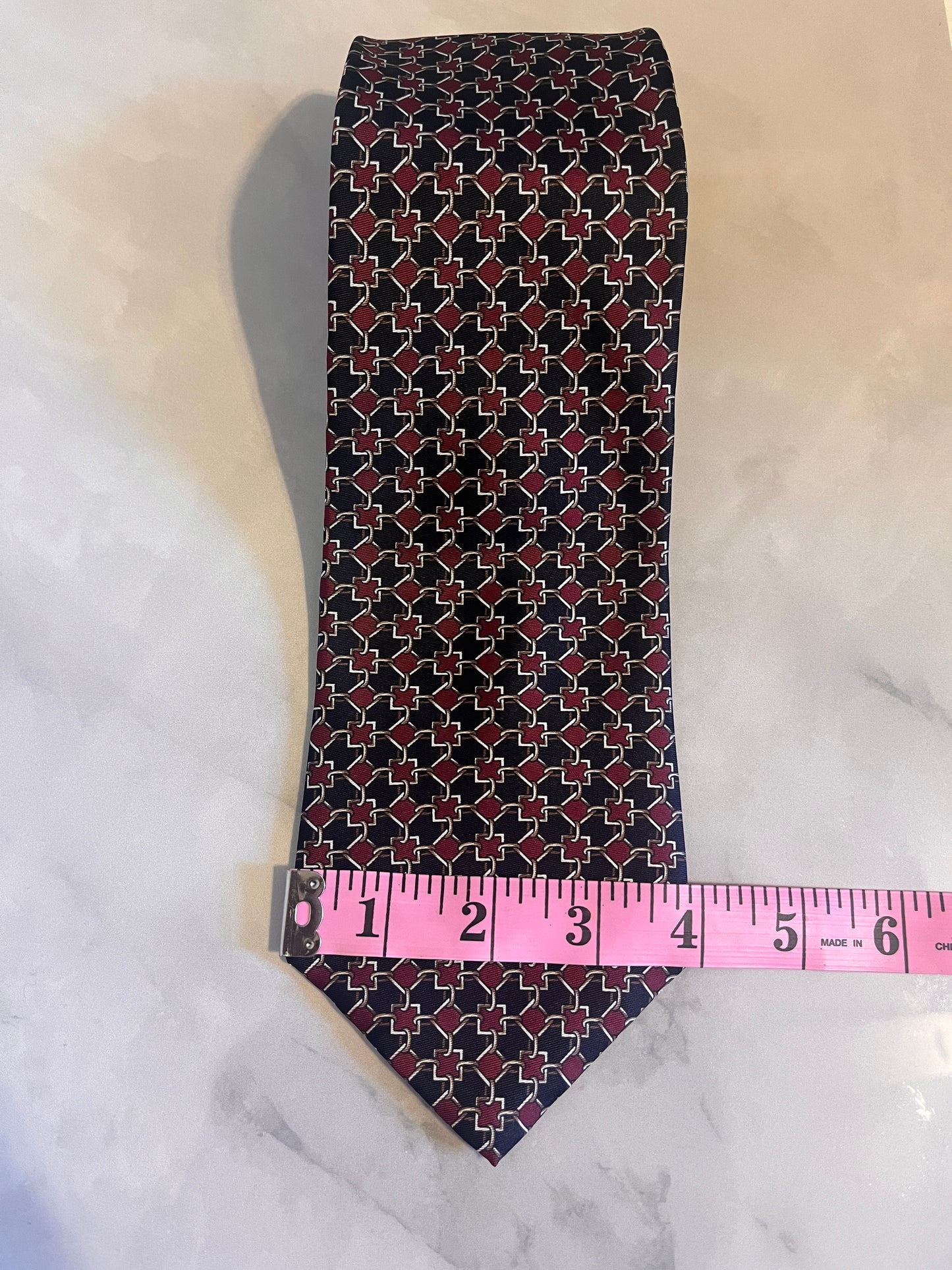 Vintage Bert Pulitzer Men's Tie Red, Navy, and Gold pattern 100% Silk Hand printed