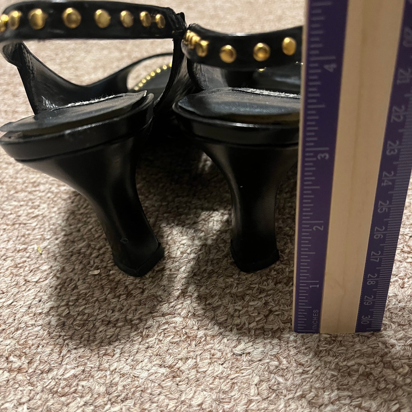 Vintage Stuart Weitzman Black Leather Open-Toe Slingback Heels w/Gold Buttons