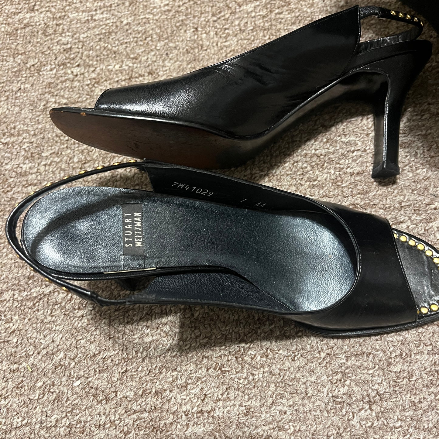 Vintage Stuart Weitzman Black Leather Open-Toe Slingback Heels w/Gold Buttons