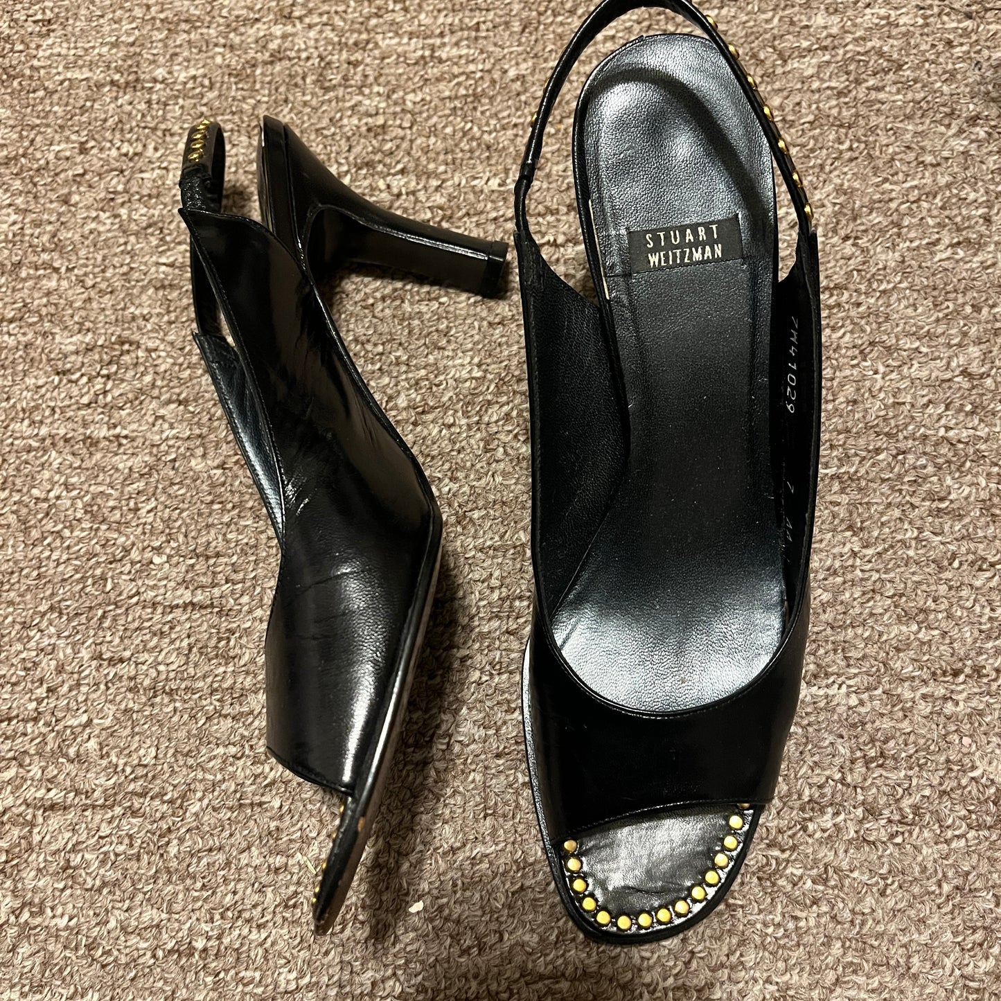 Vintage Stuart Weitzman Black Leather Open-Toe Slingback Heels w/Gold Buttons