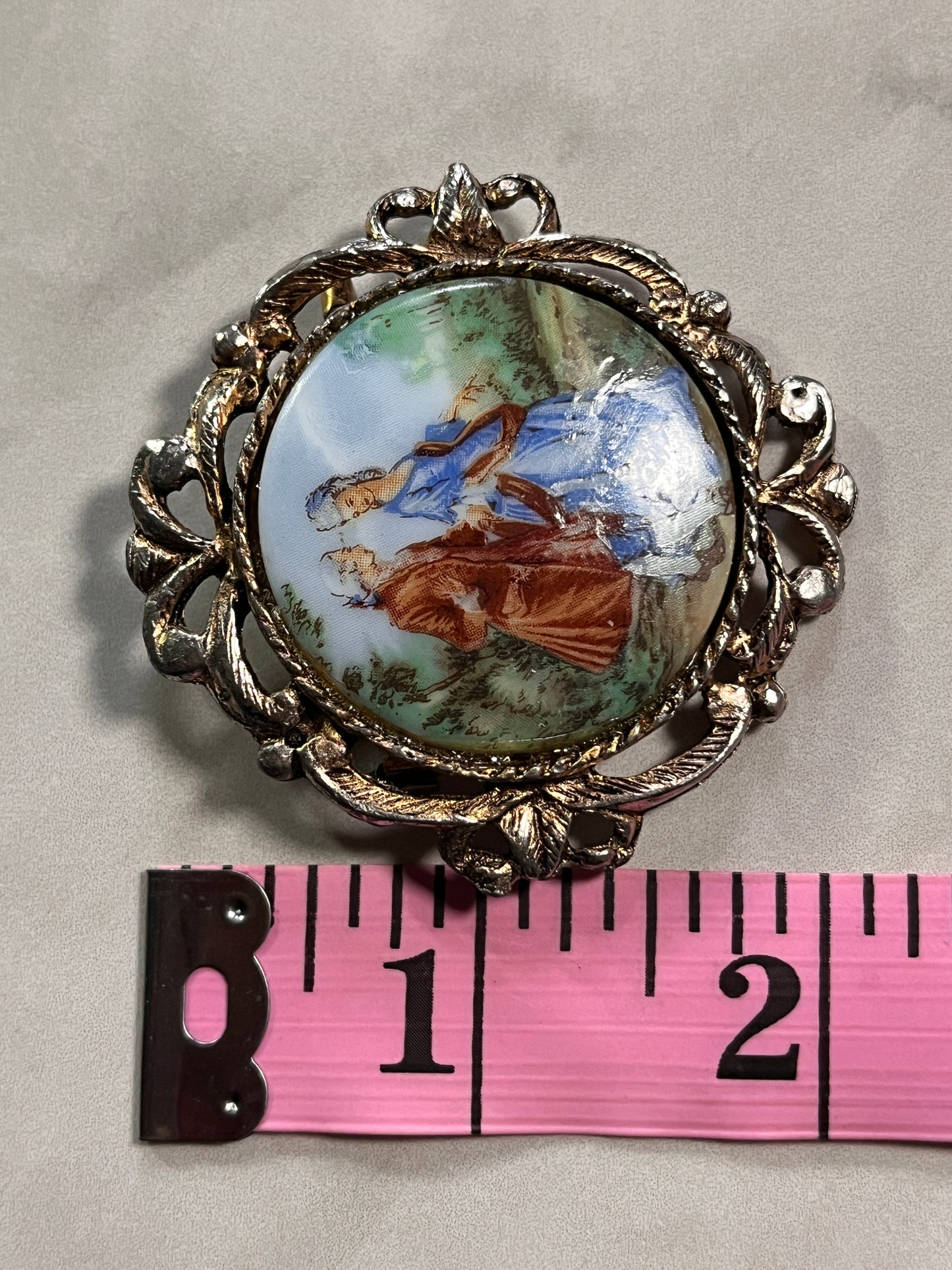 Vintage WMCA Victorian Courting Couple Scene Gold and Silver Tone Jewelry Pin Brooch