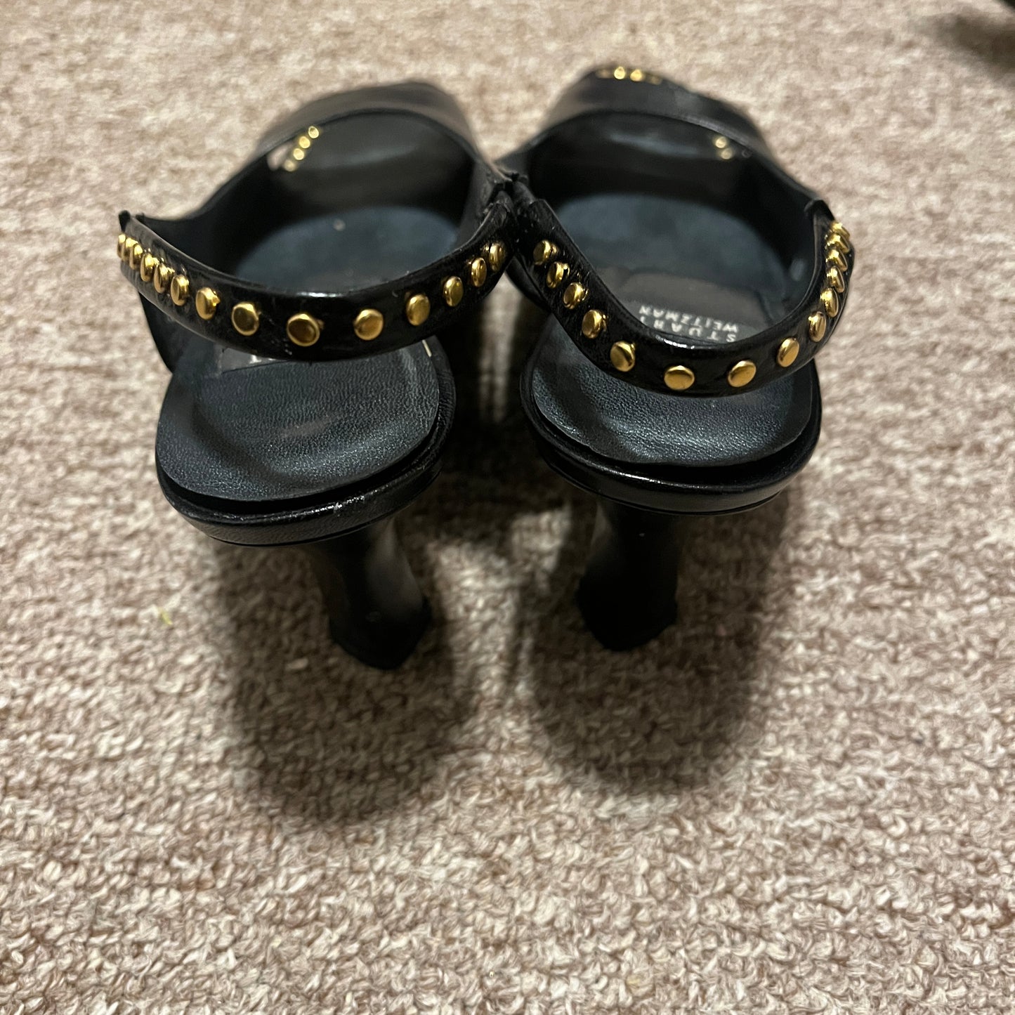 Vintage Stuart Weitzman Black Leather Open-Toe Slingback Heels w/Gold Buttons