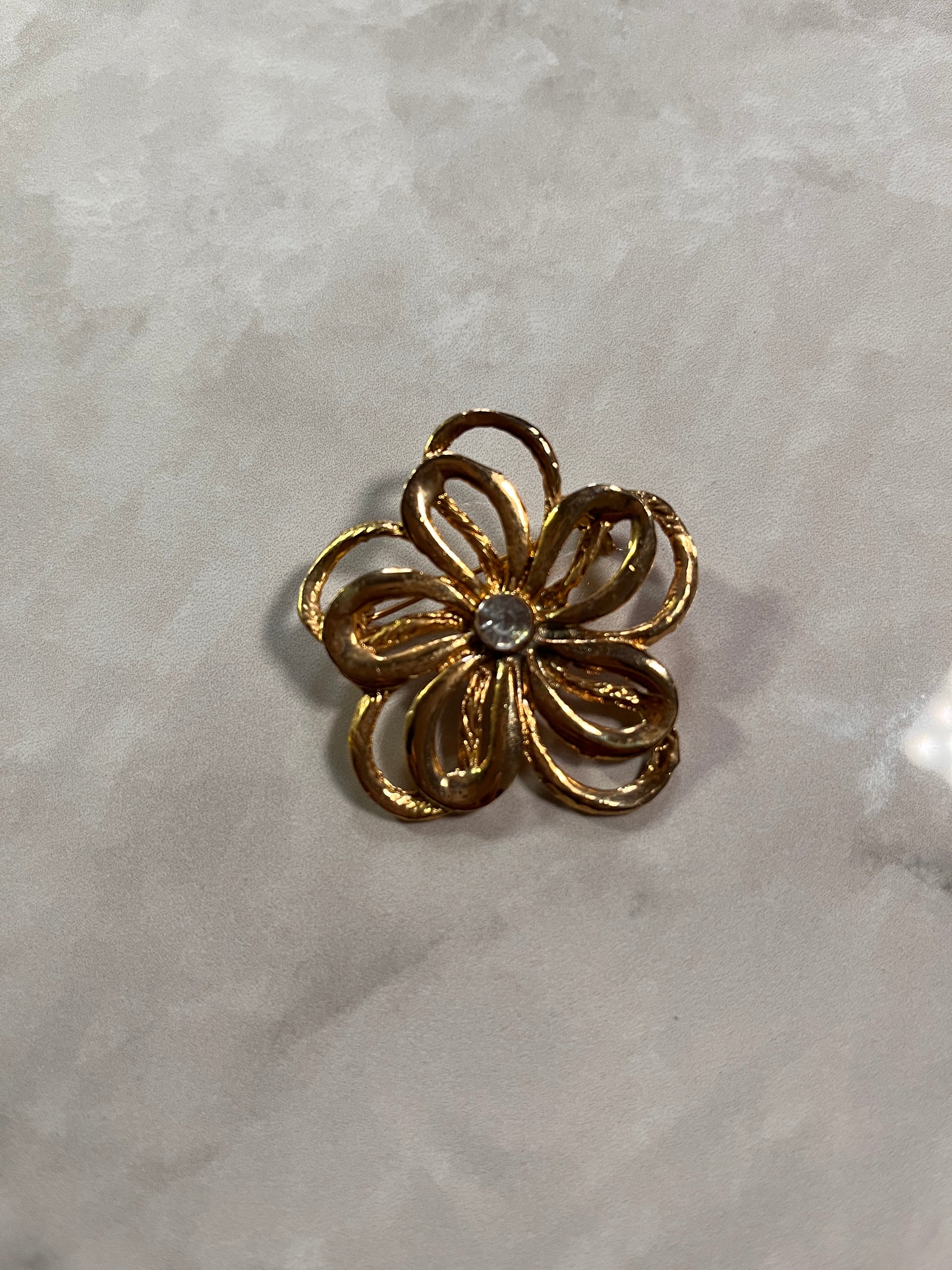 Vintage Medium Layered Floral Crystal Gold Brooch