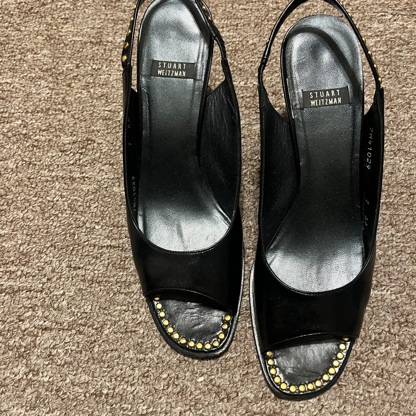 Vintage Stuart Weitzman Black Leather Open-Toe Slingback Heels w/Gold Buttons