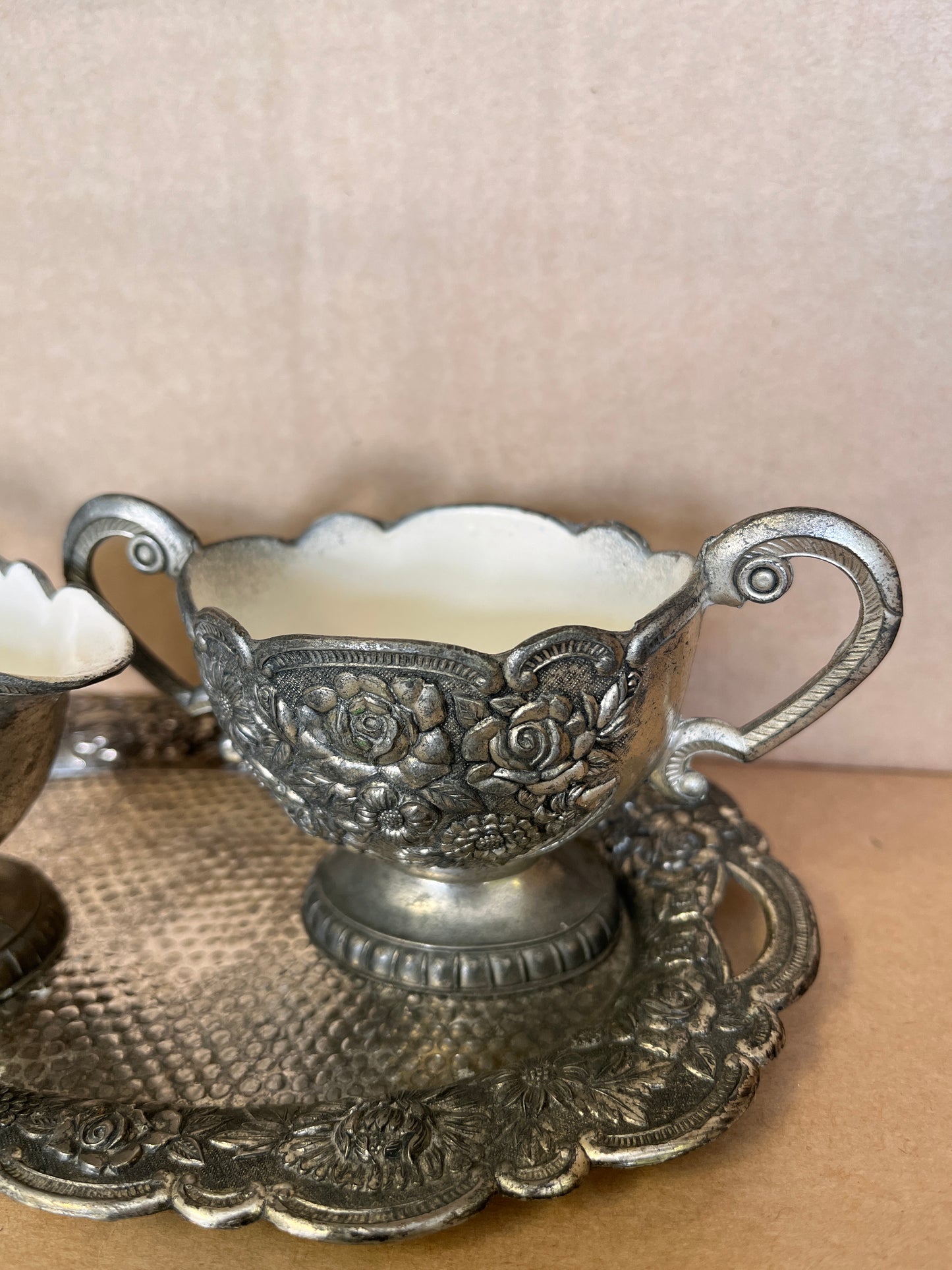 Vintage Price Import Silver Cast Metal And White Enamel Cream And Sugar Set With Tray