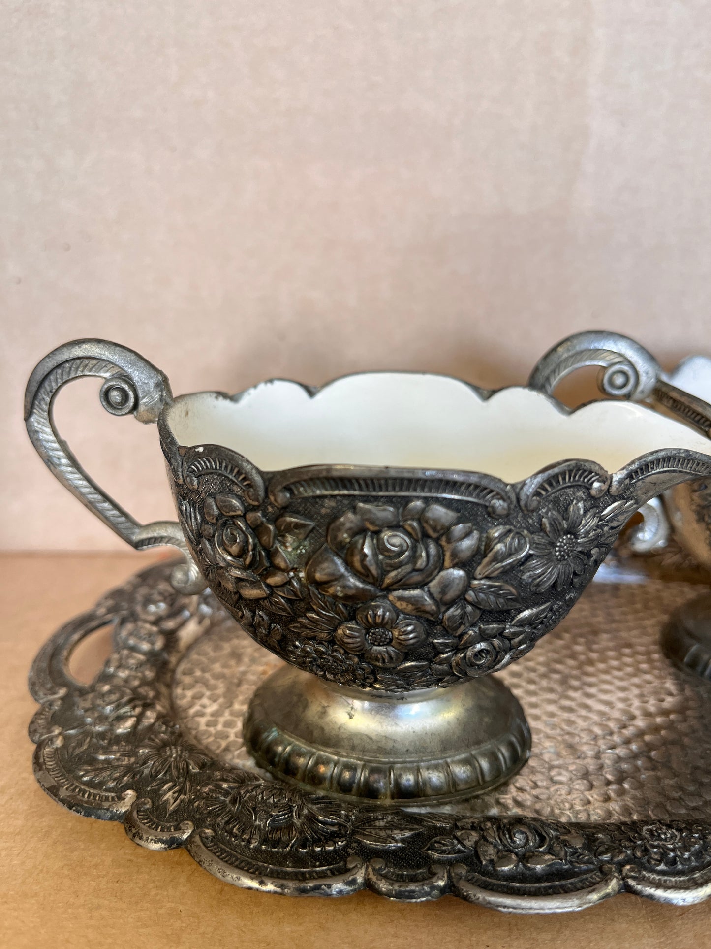 Vintage Price Import Silver Cast Metal And White Enamel Cream And Sugar Set With Tray