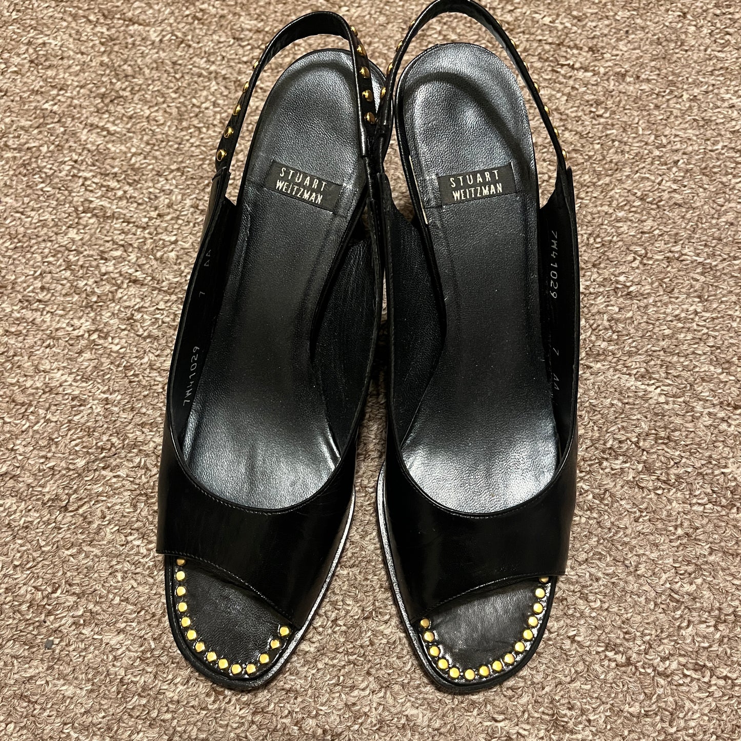 Vintage Stuart Weitzman Black Leather Open-Toe Slingback Heels w/Gold Buttons