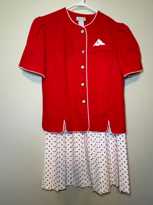 Vintage Serben Red, White, & Polka Dot Blouse + Skirt Set Size 10