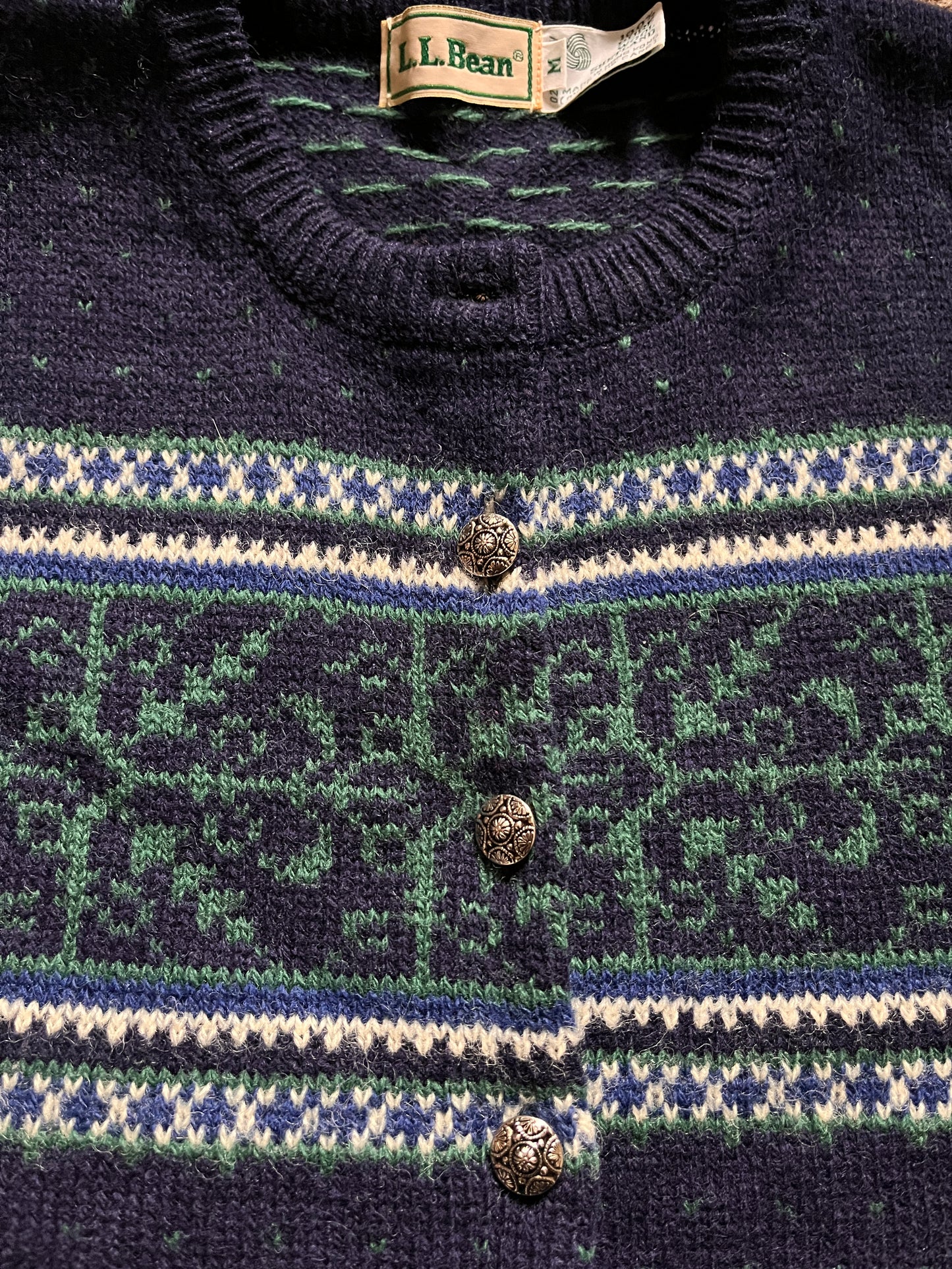 1990s L.L. Bean 100% Wool Fair Isle Nordic Cardigan Sweater