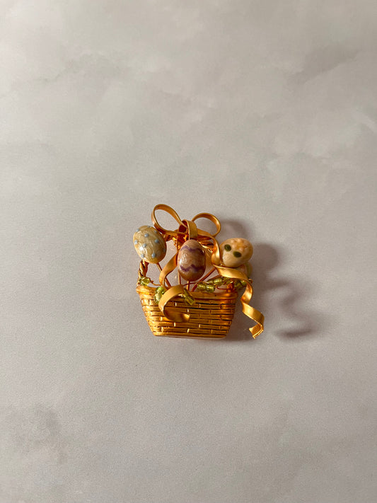 Vintage Easter Basket w Eggs Brooch Gold Tone Enamel Eggs Rhinestone Bow 1.5"