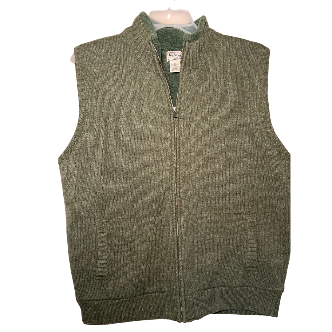 Vintage L.L. Bean Mens Large Brown Lambswool Knit Fleece Lined Full Zip Sweater Vest